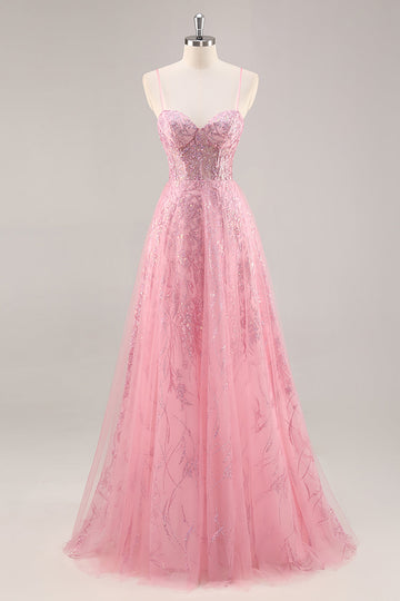 Sparkly Pink Corset A Line Long Prom Dress